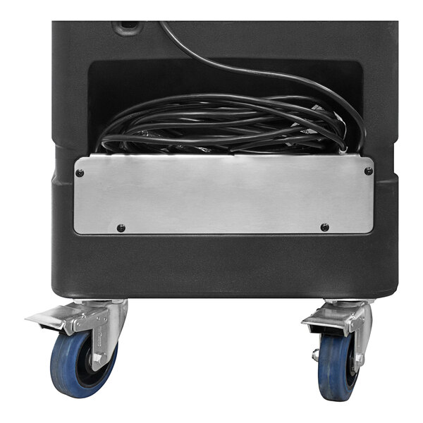 An XPOWER black misting fan with a black cable and metal box.