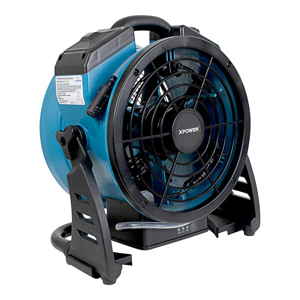 An XPOWER blue and black portable fan with a water pump.