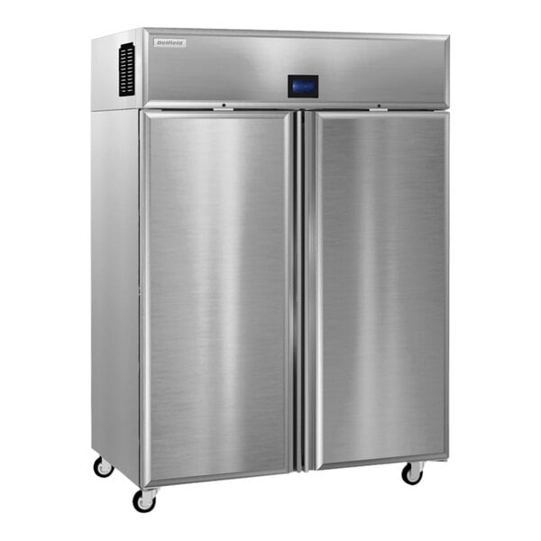 A silver Delfield reach-in refrigerator with two rectangular doors.