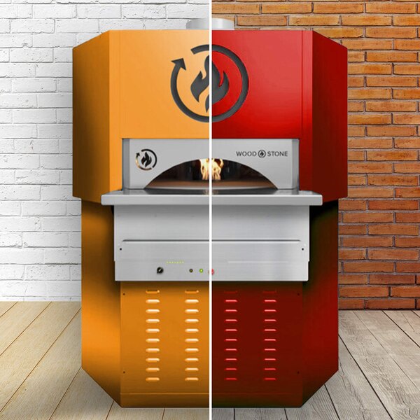 A red and yellow Wood Stone Rotating Pizza Oven with a fire inside.