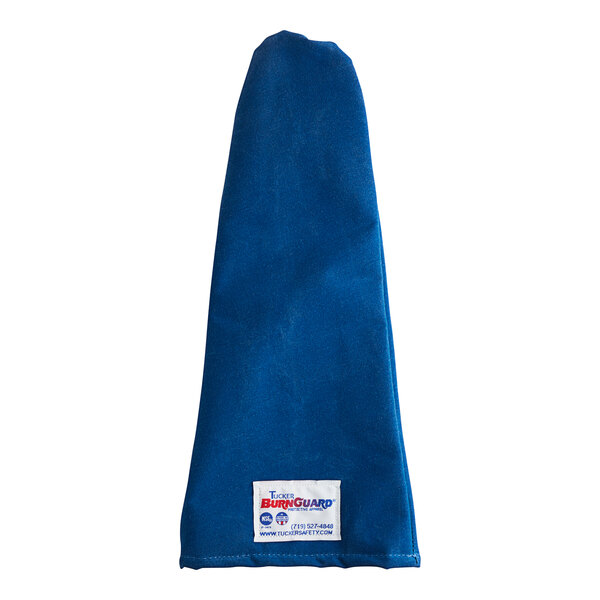 A blue cloth with a white label.