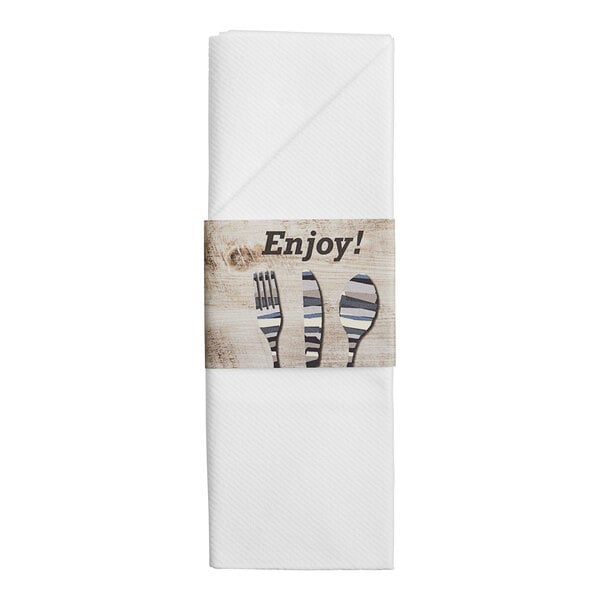 A white Dinex napkin sleeve with woodgrain print and a fork and spoon on it.