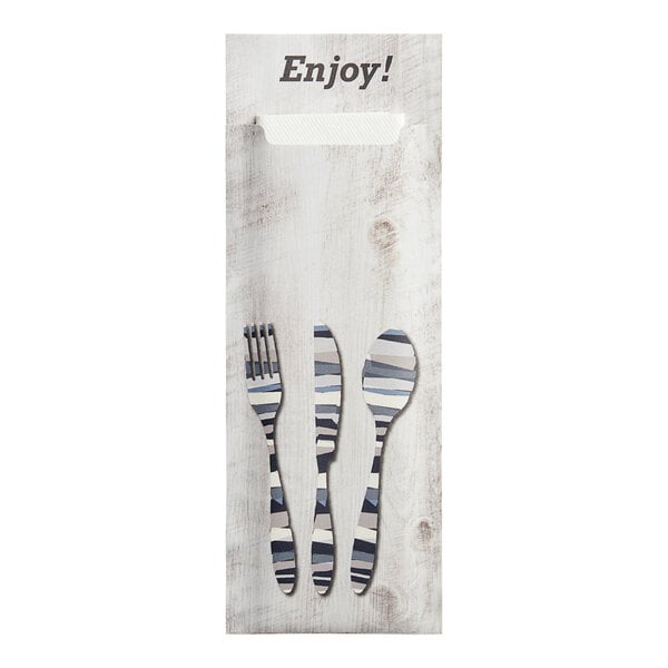 A paper cutlery caddy with the words "Enjoy" on it, holding paper spoons and forks.