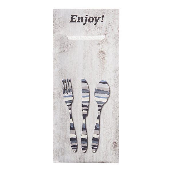 A wooden cutlery caddy with the word "Enjoy" on it.