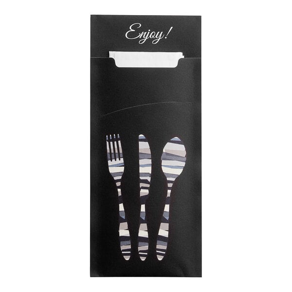 A black card with white text and pictures of utensils.