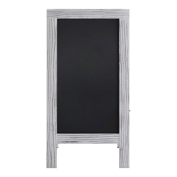 A white wooden A-frame chalkboard with a black board.