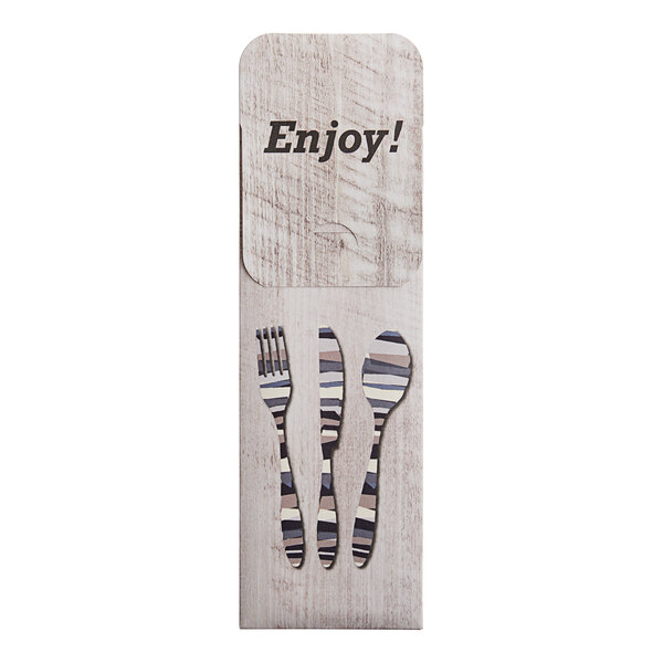 A woodgrain Dinex cutlery caddy with the word "enjoy" on it.