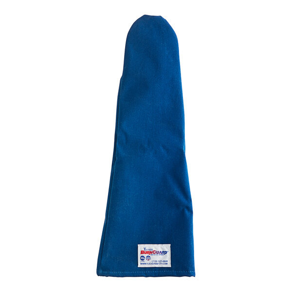 A blue Tucker Safety Products oven mitt with a white label.