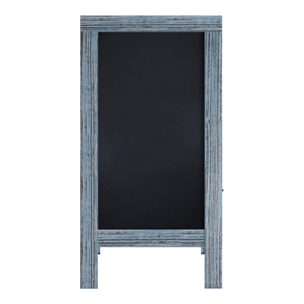 A Flash Furniture vintage blue wooden A-frame chalkboard with a blackboard on it.