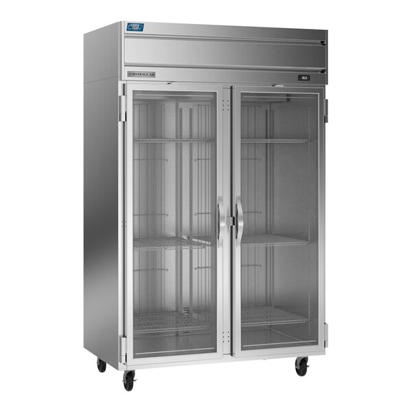 A Beverage-Air stainless steel 2 door refrigerator with glass doors.