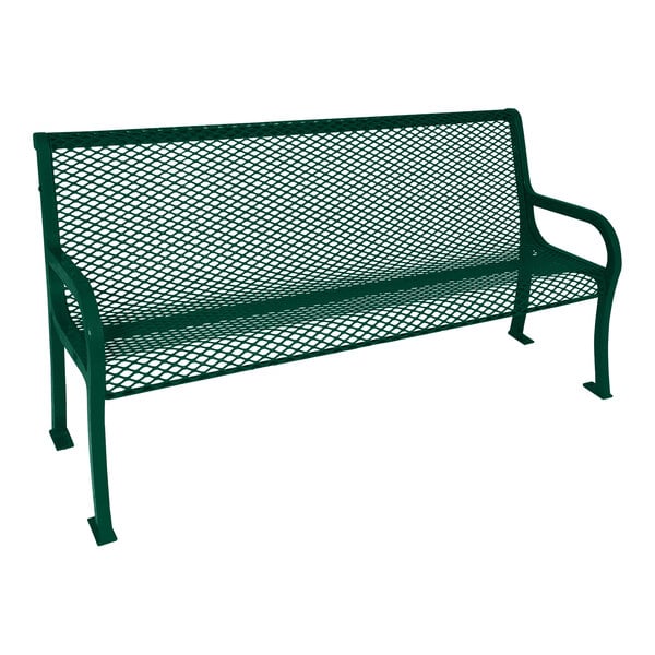 An Ultra Site green metal bench with a mesh back.