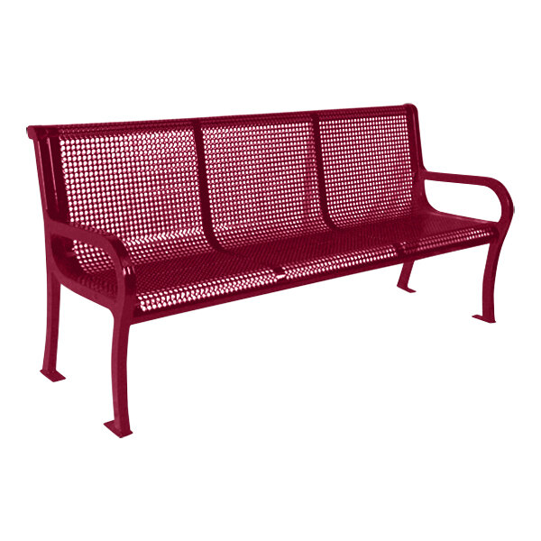 An Ultra Site Lexington burgundy metal bench with a mesh back.