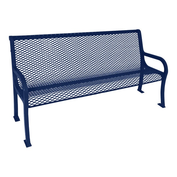 An Ultra Site Lexington blue metal bench with a blue mesh backrest.