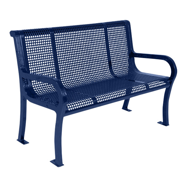 An Ultra Site Lexington blue metal bench with a backrest and perforated seat.
