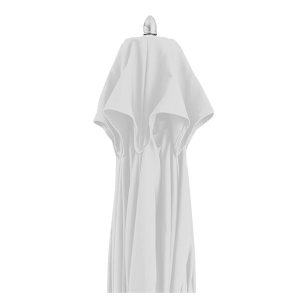 A white umbrella on a silver metal umbrella stand with a white background.