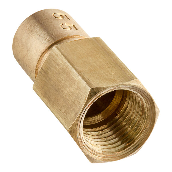 A close up of a brass threaded female connector on a Avantco Liquid Propane Orifice.