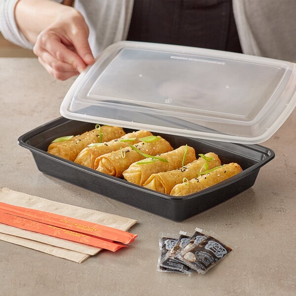 Choice 58 oz. Black Rectangular Microwavable Heavy Weight Container with Lid - 25/Pack