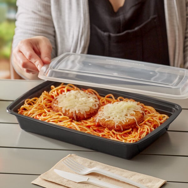 Choice 58 oz. Black Rectangular Microwavable Heavy Weight Container with Lid - 25/Pack