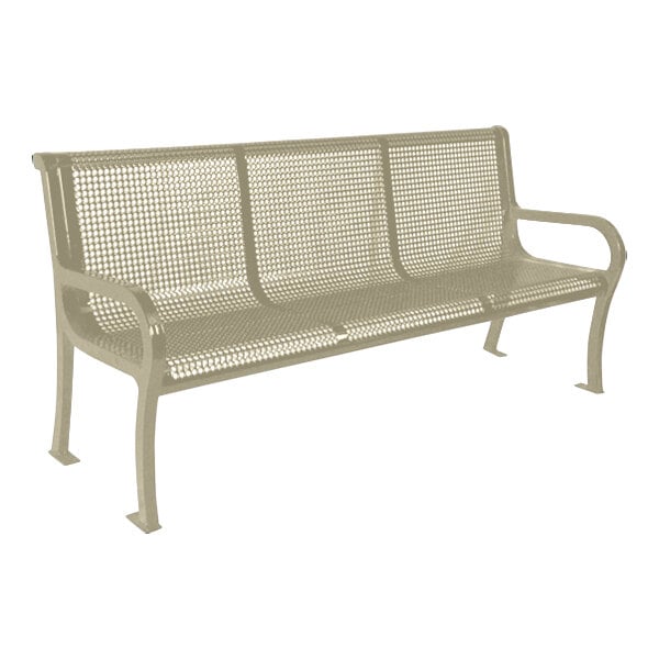 A bench with a metal frame and mesh back.