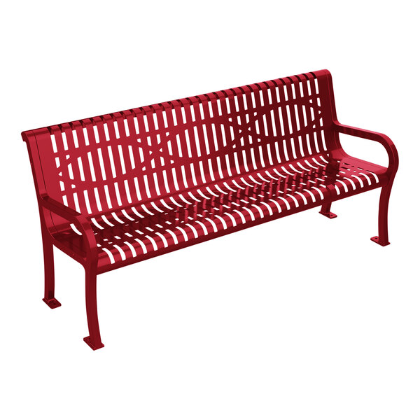 An Ultra Site red metal bench with backrest and wave design.