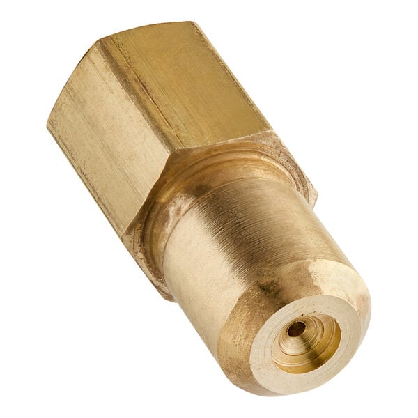 A close-up of a brass threaded female connector on a Avantco Liquid Propane Orifice.