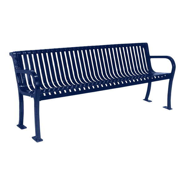 An Ultra Site Lexington blue metal bench with backrest and arms.