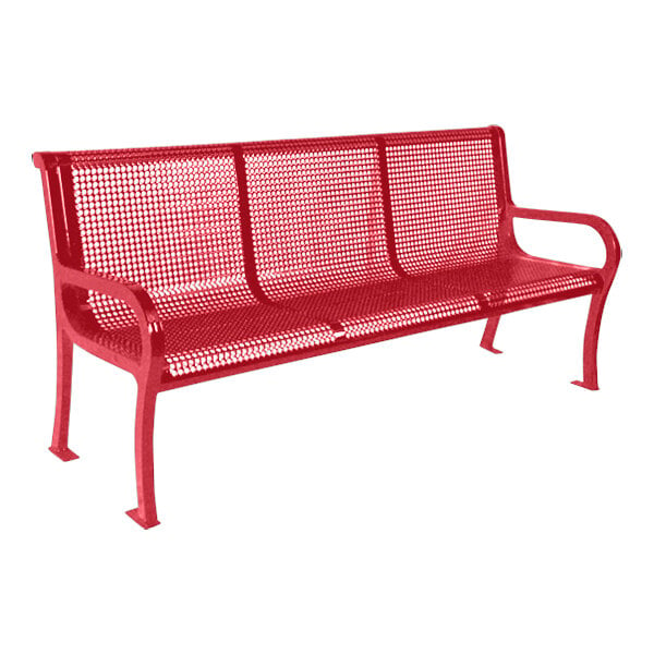 An Ultra Site red metal park bench with a perforated mesh backrest.