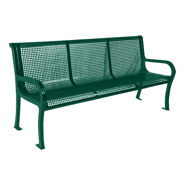 An Ultra Site Lexington green metal bench with a backrest and perforated pattern.