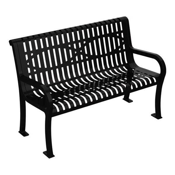 A black metal Ultra Site Lexington wave bench with a backrest and lattice pattern.