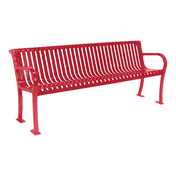 An Ultra Site red slat bench with backrest and metal frame.