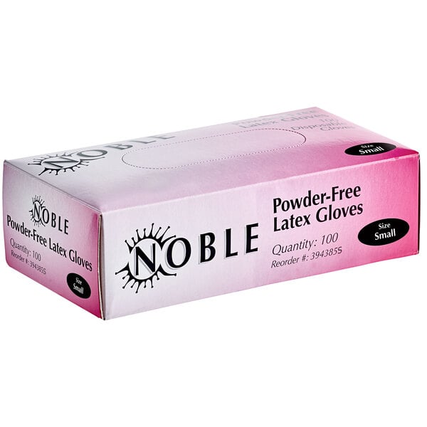 A pink box of Noble Powder-Free Latex Gloves for Foodservice.