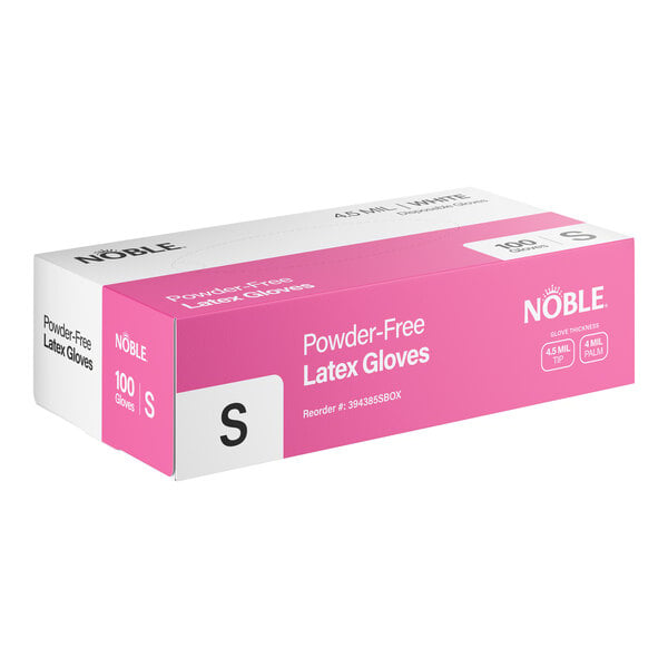 A box of Noble brand small powder-free latex gloves for foodservice use.