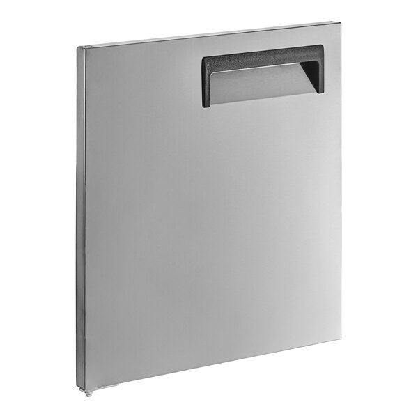 An aluminum rectangular door with a handle.