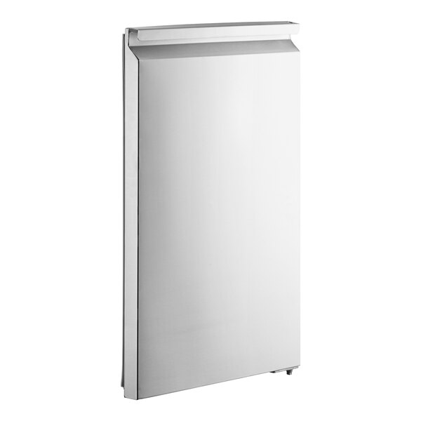 A stainless steel refrigerator door with a white background.