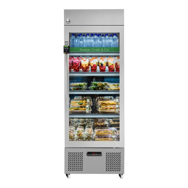 A silver FoodSpot DC8 Healthy Vending smart fridge with food inside.