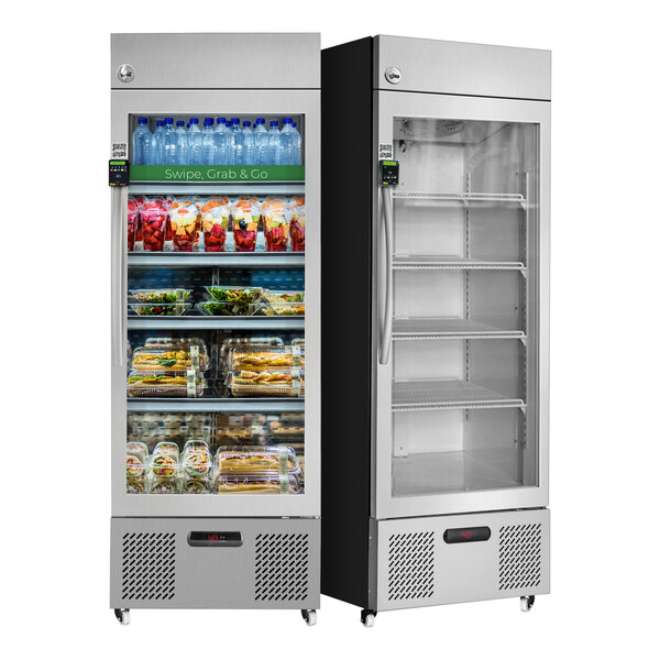 A white FoodSpot DC8 Healthy Vending smart fridge with two glass doors full of food.