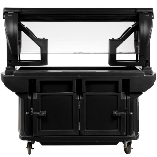 A black food cart with a clear glass top and standard casters.