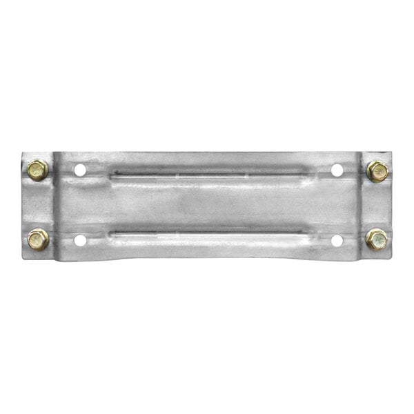 An Interlake Mecalux Pallet Rack Row Spacer, a metal plate with two screws on it.