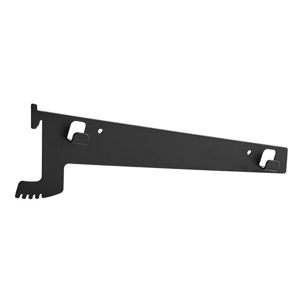 A black metal Avantco Refrigeration shelf bracket with white holes.