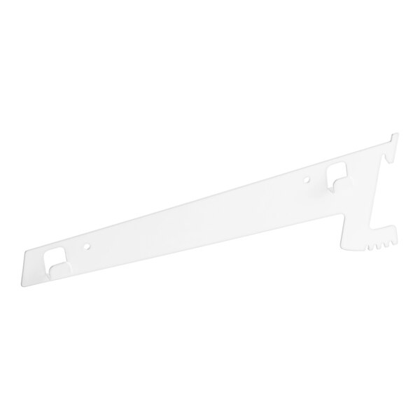 A white plastic Avantco Refrigeration shelf bracket with holes.