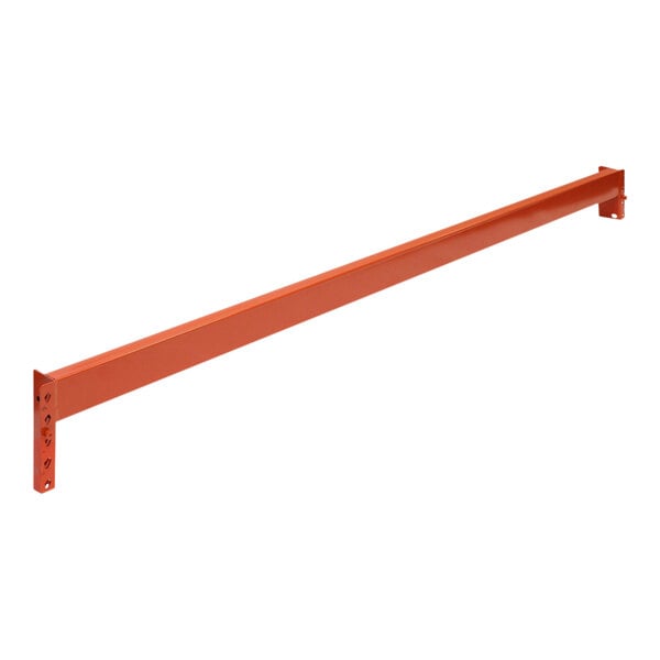 An orange long Interlake Mecalux heavy-duty metal pallet rack beam with holes on the ends.
