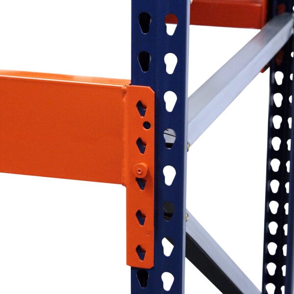 An Interlake Mecalux orange and blue metal pallet rack beam.
