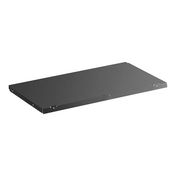 A black rectangular bottom shelf for an Avantco merchandiser refrigerator.