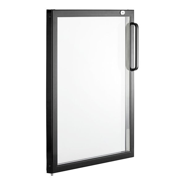 An Avantco black and white glass door with a handle for refrigeration equipment.