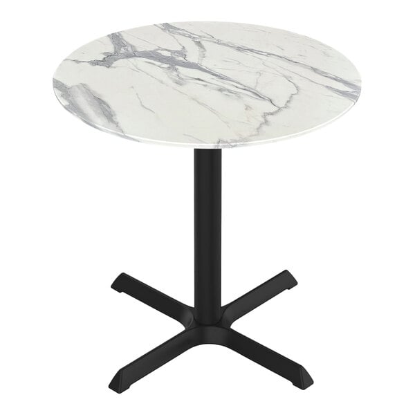 A white marble table with a black base.