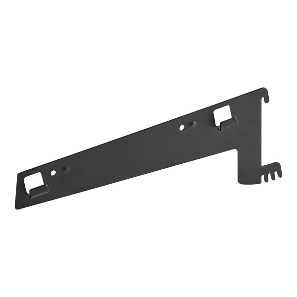 A black metal Avantco Refrigeration shelf bracket with holes.