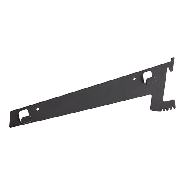 A black metal Avantco Refrigeration shelf bracket with holes.