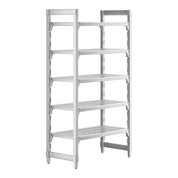A white plastic Cambro Camshelving Premium shelving unit with 5 vented shelves.