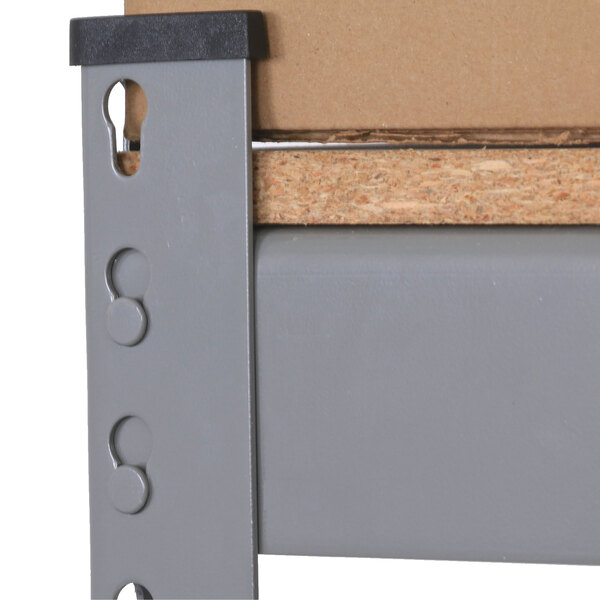 Interlake Mecalux grey heavy-duty boltless metal shelving with wooden panels.