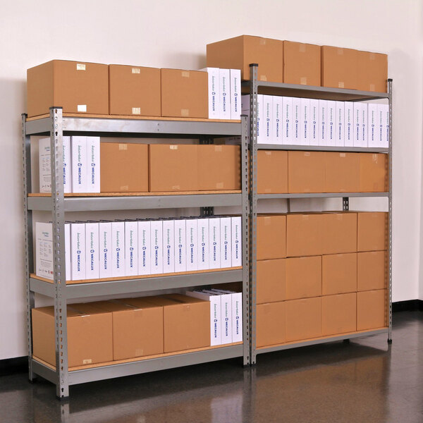 Interlake Mecalux gray boltless shelving with wooden panels with boxes on a shelf.
